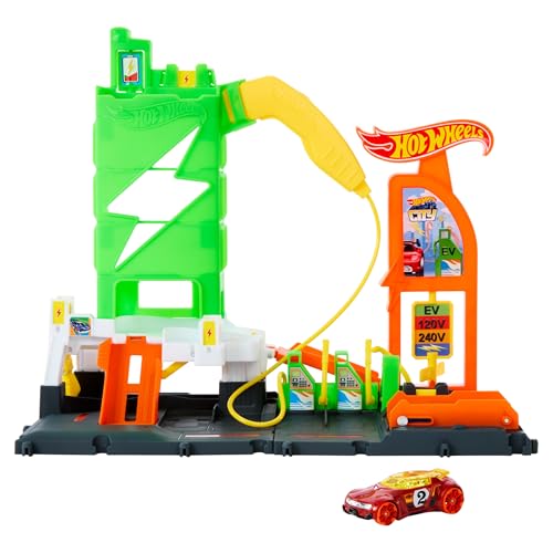 Hot Wheels Let's Race Netflix - City Superladung Tankstelle-Spielset mit Ladestationen für Elektrofahrzeuge und Spielzeugauto im Maßstab 1:64, HTN79 von Hot Wheels