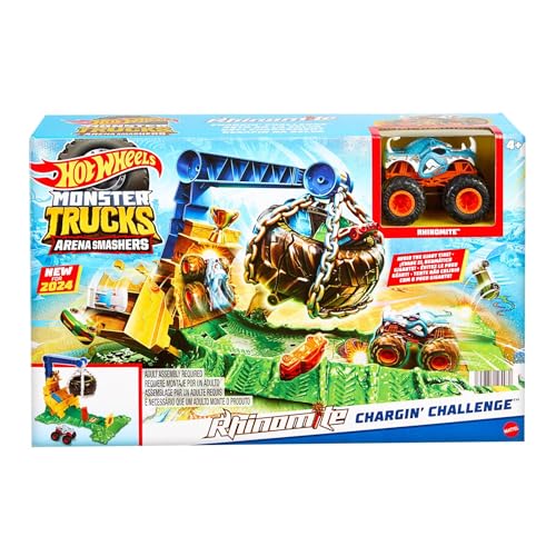 Hot Wheels Monster Trucks Rhinomite Angriffs-Challenge Spielset mit einem Rhinomite-Spielzeugtruck im Maßstab 1:64 und 2 zerdrückten Autos, HTP18 von Hot Wheels