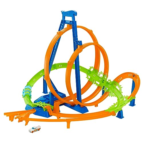Hot Wheels Track Set, Episches Crash-Rennen mit 5 Crash-Zonen, motorisiertem Beschleuniger und 1 Hot Wheels Auto im Maßstab 1:64, leicht aufzubewahren, HTP55 von Hot Wheels