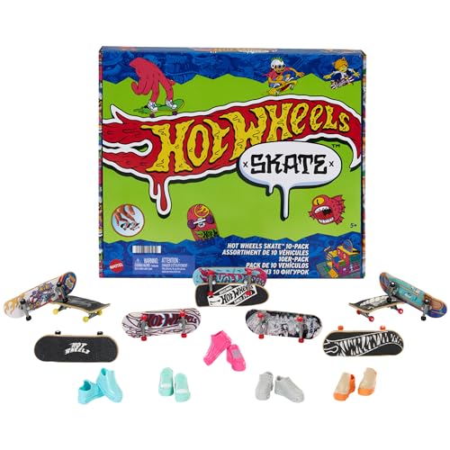 Hot Wheels Skate-Fingerboards 10er-Pack, Set aus 10 Finger-Skateboards mit 5 Paar abnehmbaren Skateboard-Schuhen im Hot Wheels Design, HTP59 von Hot Wheels