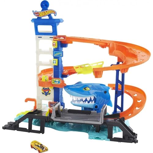 Hot Wheels Hai-Angriff Autorennbahn für Überraschungseffekte, inkl. 1 Spielzeugauto, Auto Spielzeug Aufzug, Spielzeug ab 4 Jahre, HDP06 von Hot Wheels