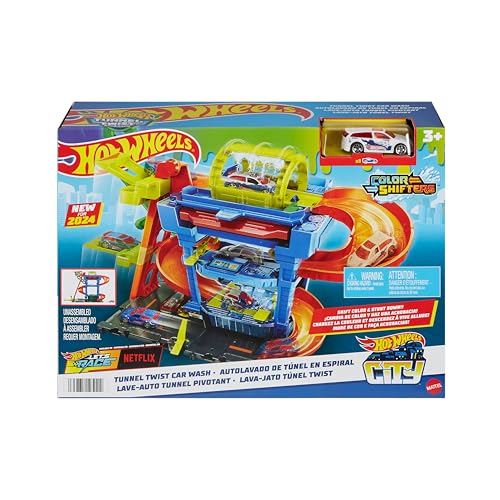 Hot Wheels Let's Race Netflix - City Spielzeugauto-Trackset, Farbwechsel-Tunnelautowaschanlage mit 1 Farbwechselfahrzeug im Maßstab 1:64, HTN80 von Hot Wheels
