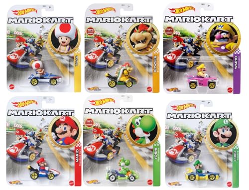 Hot Wheels Mario Kart Die-Cast Character Cars Collection, 6er-Pack Set mit Mario, Luigi, Yoshi, Toad, Bowser, Wario GBG25-957G Hot Wheels Mario Kart Die-Cast Character Cars Collection, 6er-Pack Set mit Mario, Luigi, Yoshi, Toad, Bowser, Wario GBG25-957G von Hot Wheels