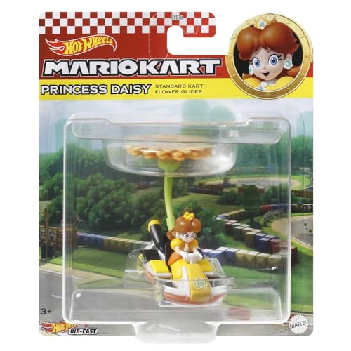 Hot Wheels Mario Kart Princess Dasiy Standard Kart mit Flower Glider Spielzeugfahrzeug für Kinder ab 3 Jahren im Maßstab 1:64 mit einem Segelflugzeug Zubehör von Hot Wheels