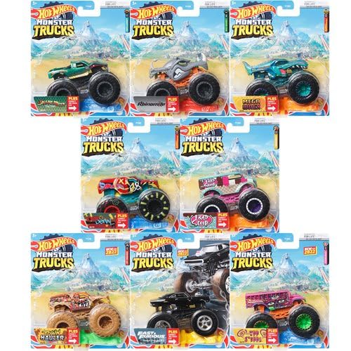 Hot Wheels Monster Trucks Connect and Crash Car Komplettset 8 Diecast Fahrzeuge mit Mega Wrex, Too S'cool, Ladegerät, Demo Derby, Rhinomite und mehr von FYJ44-996D von Hot Wheels