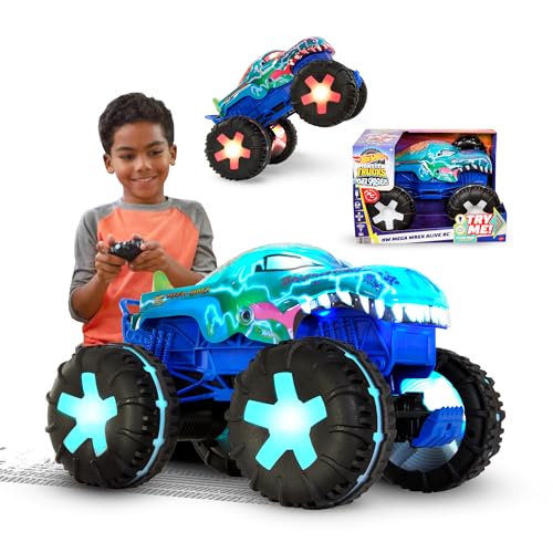 Hot Wheels Monster Trucks Ferngesteuertes Auto, Spielzeugtruck, übergroßer Mega-Wrex Alive im Maßstab 1:15 mit Fernbedienung, 3 ferngesteuerte Spielmodi mit interaktiven Lichtern und Geräuschen, JBD90 von Hot Wheels