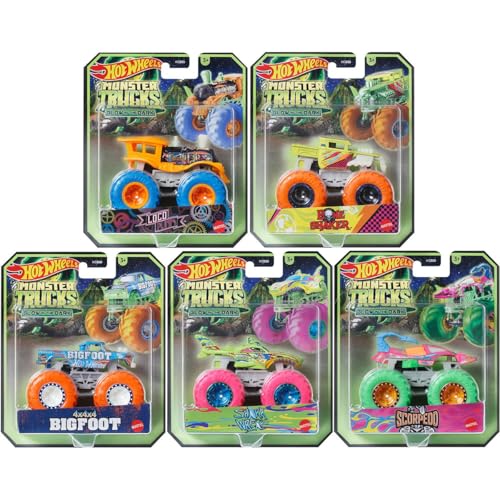 Hot Wheels Monster Trucks Glow in The Dark Collection, 5-Pack Set, Shark Wrack, Bigfoot, Bone Shaker, Scorpedo, Loco Punk Hot Wheels Monster Trucks Glow in The Dark Collection, 5-Pack Set, Shark Wrack, Bigfoot, Bone Shaker, Scorpedo, Loco Punk von Hot Wheels