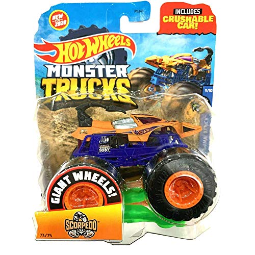 Hot Wheels Monster Trucks Skorpedo, [Orange] inklusive knautschbarem Auto 73/75 Maßstab 1:64 von Hot Wheels