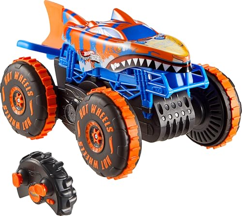 Hot Wheels Monster Trucks Spielzeugfahrzeug mit Fernbedienung, RC Tiger Shark Climber in großem Maßstab mit 3 Spielmodi für Rennen, Klettern und Stunts, JFR39 von Hot Wheels