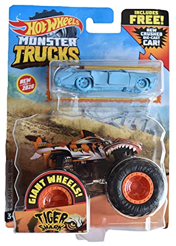 Hot Wheels Monster Trucks Tiger-Hai im Maßstab 1:64, inklusive neuem zerquetschtem Auto von Hot Wheels