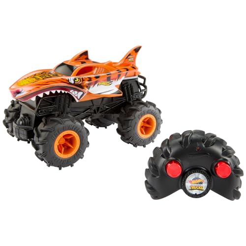 Hot Wheels RC Monster Trucks HW Tigerhai RC im Maßstab 1:24, Ferngesteuerter Spielzeugtruck, Allradfunktionen mit Action-Geländereifen, voll funktionsfähige Fernbedienung, HNV03 von Hot Wheels