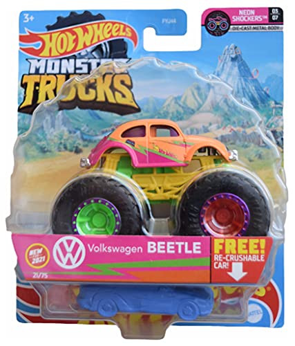 Hot Wheels Monster Trucks Volkswagen Käfer, [Orange/Pink] Re-Crushable Car 21/75 Neon Shockers 3/7 von Hot Wheels