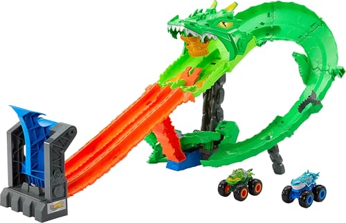 Hot Wheels Spielzeug Monster Trucks, Sharks vs. Dinos Drachenzerstörungs-Spielset mit riesigem Great Bite und Rageasaur im Maßstab 1:64, Rennspaß, um den Cyborg-Feind zu besiegen,JGB06 von Hot Wheels