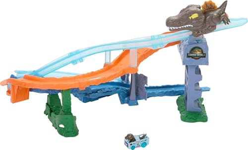 Hot Wheels Spielzeugauto Trackset, RacerVerse Jurassic World Crash & Splash Spielset mit Die-Cast Velociraptor-Fahrzeug, Dinosaurier-Rennen mit Spinosaurus, JFP32 von Hot Wheels