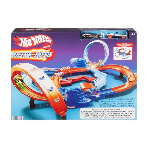 Hot Wheels Spielzeugauto Trackset, Ultra Hots Rasanter Wettkampfstart mit 2 Fahrzeugen im Maßstab 1:64, Kopf-an-Kopf-Rennen und Stunts, 2 manuell bedienbare Starter, HXR71 von Hot Wheels