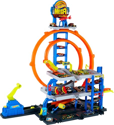 Hot Wheels Spielzeugauto Trackset, mit Die-Cast-Auto und Hubschrauber, 3 Spielebenen, 2 Loopings, Platz für 37 Fahrzeuge im Maßstab 1:64, schnelle Steckadapter, JLC05 von Hot Wheels
