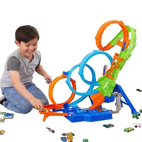 Hot Wheels Spielzeugauto Trackset mit 4 Loopings, 3-spuriger Crash-Zone und batteriebetriebenem Beschleuniger, zur Aufbewahrung zusammenklappbar, mit Spielzeugauto im Maßstab 1:64, HXT06 von Hot Wheels