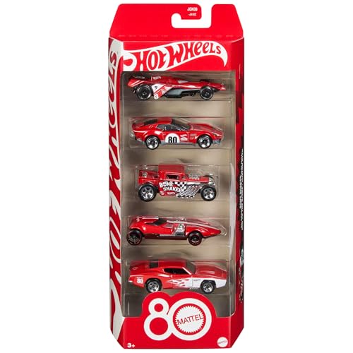 Hot Wheels Spielzeugautos, 5er-Pack Spielzeugautos im Maßstab 1:64 mit Deko und Verpackung zum Sammeln, Core Mattel 80. Jubiläum, Set mit 5 Fahrzeugen, JGK08 von Hot Wheels