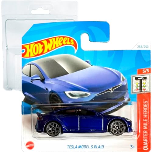 Hot Wheels Tesla Model S Plaid Quarter Mile Heroes 5/5 (238/250) HRY91 Blau 2024 + Kurzkartenschutz Frikimonkey von Hot Wheels