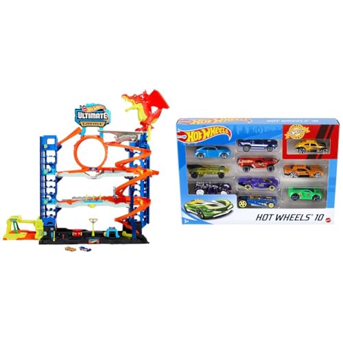 Hot Wheels Ultimative Garage - Mehrere Ebenen Parkgarage & 54886-1:64 Die-Cast Auto Geschenkset, je 10 Spielzeugautos, zufällige Auswahl, Spielzeug Autos ab 3 Jahren, 10er Pack, Mehrfarbig von Hot Wheels