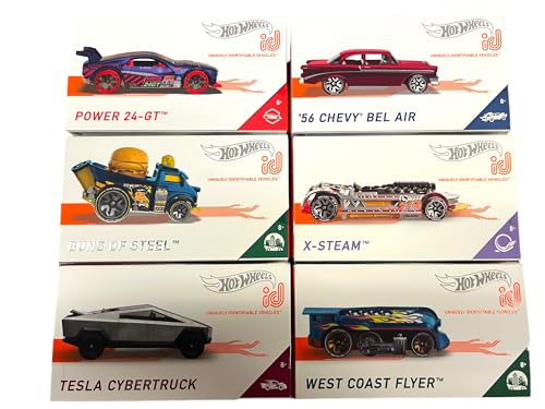 Hot Wheels id Cars Komplett-Set mit 6 Druckguss-Fahrzeugen von HDH85-979B Release mit Tesla Cybertruck, '56 Chevy Bel Air und mehr von Hot Wheels