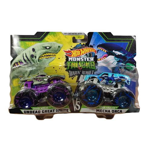 Metal Hotwheels Monster Trucks Roarin Rumble 1:64 Double Pack, Shark Wreak Undead Great White VS Town Hauler Mecha Orca, Mehrfarbig Metal Hotwheels Monster Trucks Roarin Rumble 1:64 Double Pack, Shark Wreak Undead Great White VS Town Hauler Mecha Orca, Mehrfarbig von Hot Wheels