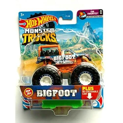 Monster Trucks Bigfoot Reitwagen mit wiederrushbarem Auto (Maßstab 1:64) von Hot Wheels Monster Trucks