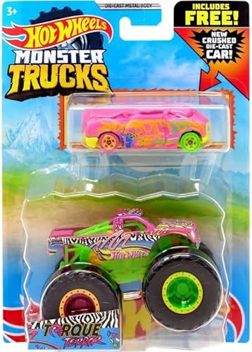 Monster Trucks Torque Terror with Free Crushed Car, Maßstab 1:64, Druckguss-Truck (Pink) von Hot Wheels Monster Trucks