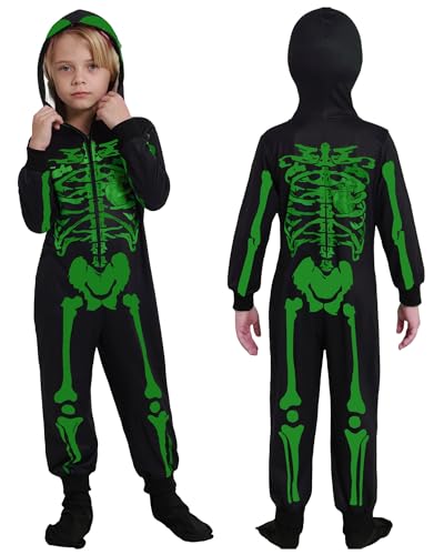 Hotfiary Kinder Halloween Skelett Kostüm Unisex Reißverschluss Kapuze Onesie Jumpsuit für Jungen Mädchen Bequemer Schlafanzug Fasching Cosplay Outfits Alter 3-12 Jahre von Hotfiary