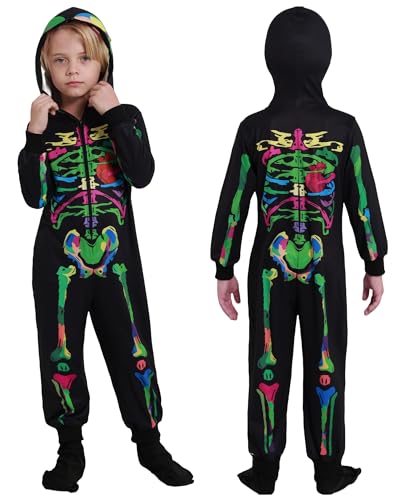 Hotfiary Kinder Halloween Skelett Kostüm Unisex Reißverschluss Kapuze Onesie Jumpsuit für Jungen Mädchen Bequemer Schlafanzug Fasching Cosplay Outfits Alter 3-12 Jahre von Hotfiary