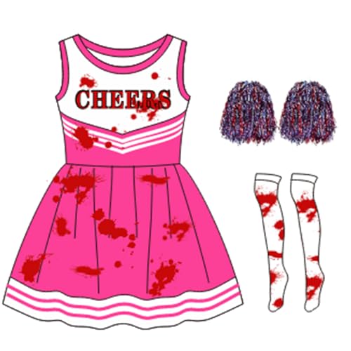 Hotfiary Mädchen Zombie-Cheerleading-Kleid mit Pompons und Socken, Kid Dead Cheerleader-Kleid mit Blutdrucken, Halloween-Cheerleader-Outfit, ausgefallene Party-Uniform für 3–12 Jahre von Hotfiary