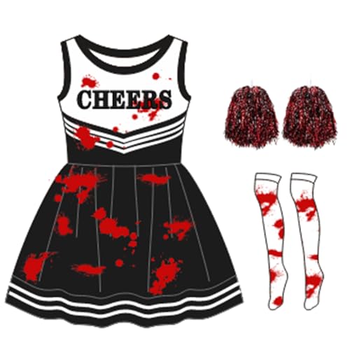 Hotfiary Mädchen Zombie-Cheerleading-Kleid mit Pompons und Socken, Kid Dead Cheerleader-Kleid mit Blutdrucken, Halloween-Cheerleader-Outfit, ausgefallene Party-Uniform für 3–12 Jahre von Hotfiary