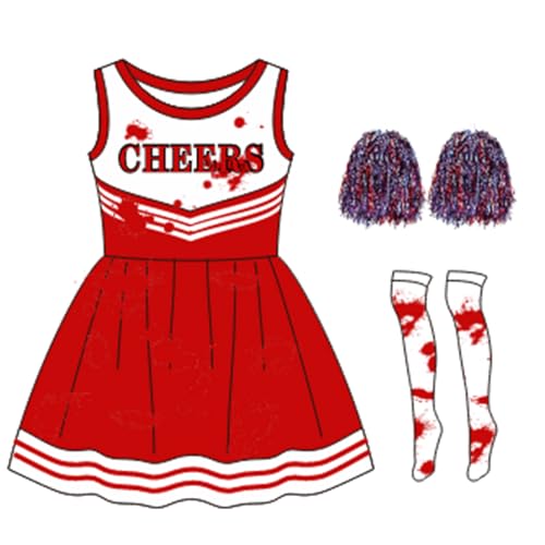 Hotfiary Mädchen Zombie-Cheerleading-Kleid mit Pompons und Socken, Kid Dead Cheerleader-Kleid mit Blutdrucken, Halloween-Cheerleader-Outfit, ausgefallene Party-Uniform für 3–12 Jahre von Hotfiary