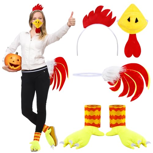 Hotop 4-teiliges Hühner-Kostüm für Halloween, Cosplay, mit Haarband, Hahn-Schnabelmaske, Hühnerfüße, Hahn-Kostüm-Zubehör, Weiß, Rot, Gelb, Einheitsgröße von Hotop