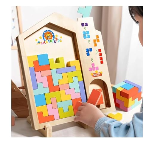 3D Puzzle Tetris Spiel Kinder,Montessori Spielzeug, Gehirn Spielzeug ab 3 4 5 Jahre, Holzpuzzle mit 40 Stück Intelligenz Bunte Bausteine, Lernspielzeug Geschenk für Jungen Mädchen (Löwen-Stil) von HouYa-Tec