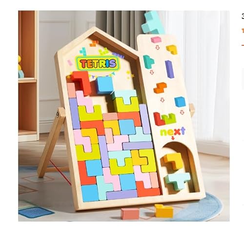 3D Puzzle Tetris Spiel Kinder,Montessori Spielzeug, Gehirn Spielzeug ab 3 4 5 Jahre, Holzpuzzle mit 40 Stück Intelligenz Bunte Bausteine, Lernspielzeug Geschenk für Jungen Mädchen (Normal-Stil) von HouYa-Tec