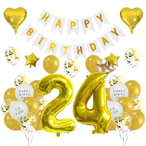 Houhounb 24. Geburtstag Dekoration 24 Jahre Geburtstag Party Luftballons Happy Birthday Banner Latex Ballon Ballon für Dekoration Junge Mädchen Geburtstag, Golden von Houhounb