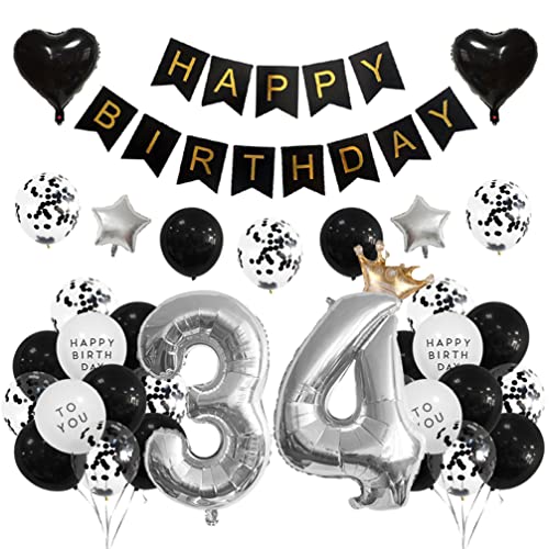 Houhounb 34 Geburtstag Deko 34 Party Luftballons Happy Birthday Banner Latex Ballon für Dekoration Junge Mädchen Geburtstag, Schwarz und Silber von Houhounb