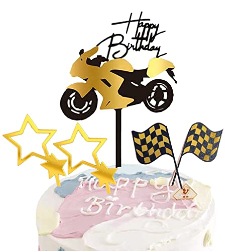 Houhounb 5 Stück Rennthema Geburtstag Tortenstecker Happy Birthday Cake Topper Acryl Kuchen Topper Motorrad Glitter Stern Banner Tortendekoration für Männer Jungen Geburtstagsfeier Partys, Golden von Houhounb