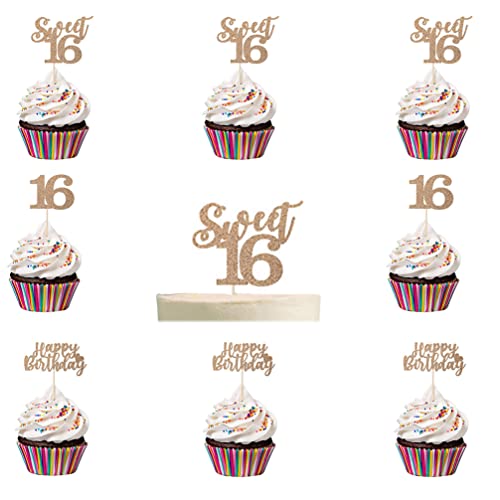 Houhounb 8PCS 16.Geburtstag Deko Cake Topper Sweet 16 Tortendeko Happy Birthday Tortendeko für 16 Geburtstag Geschenk Party Zubehör Roségold von Houhounb
