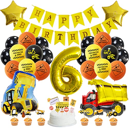 Houhounb Baufahrzeuge Party Dekoration 6 Jahr Kindergeburtstag Bagger Truck Luftballons Bau Dekorationen Happy Birthday Banner Folienballons Geburtstagsdeko für 6. Geburtstag Party von Houhounb