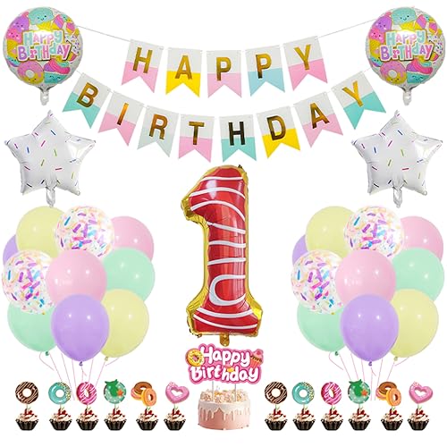 Houhounb Donut 1. Geburtstag Deko Krapfen Deko 1 Jahre Kindergeburtstag Party Deko Kinder Farbig Luftballon Tortendeko für Thema Donut Kindergeburtstag Party von Houhounb