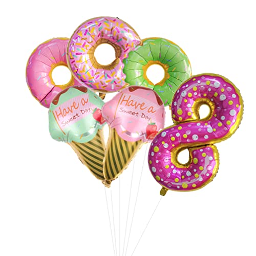 Houhounb Donut Geburtstag Dekoration Set Donutfolie Ballons - 2x Eiscreme Folienballons +Zahl 8 Zahlenballon+3x Donuts Aluminiumballons Kinder 8. Geburtstag Party Dekoration für Junge Mädchen von Houhounb