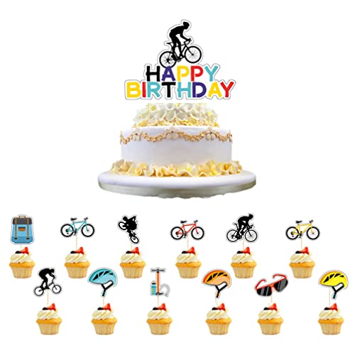 Houhounb Fahrrad Geburtstag Kuchen Dekoration Happy Birthday Banner Fahrradfahrer Kuchen Topper Cupcake Picks Kuchen Dekoration für Fahrrad Thema Party Dekorationen, 13 Stück von Houhounb