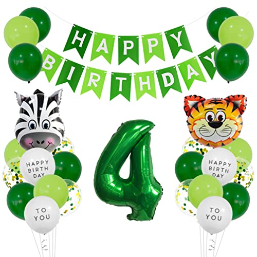Houhounb Grünes 4. Geburtstag Dekoration Set Happy Birthday Banner Deko Tiger Zebra Luftballon Große Zahlen 4 Folienballons für Deko Junge Mädchen Baby Shower Urwald Party Geburtstag von Houhounb