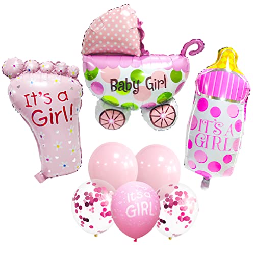 Houhounb Rosa Babyparty Deko Mädchen Set 1 BABY GIRL Kinderwagen Neugeborene,1 Babyflasche,1 Fuß Folienballon + 5 Ballons für Hochzeit Ankündigung Einer Schwangerschaft Gender von Houhounb