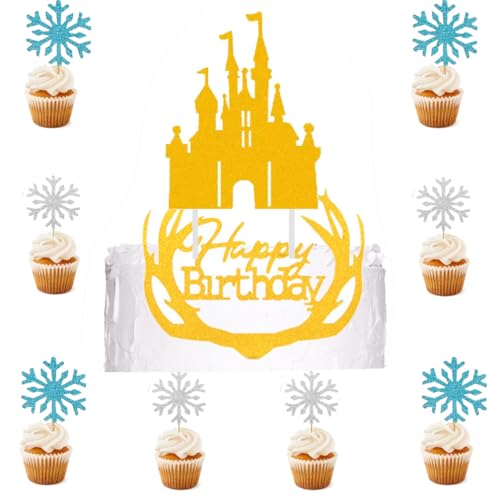Houhounb Schloss Tortendeko Geweih Happy Birthday Kuchen Topper und Frozen Glitter Deko mit Schneeflocke für Geburtstag Tortendeko Weihnachten Kuchendeko Hochzeitstorte Tortenaufleger, Golden,Sliber von Houhounb