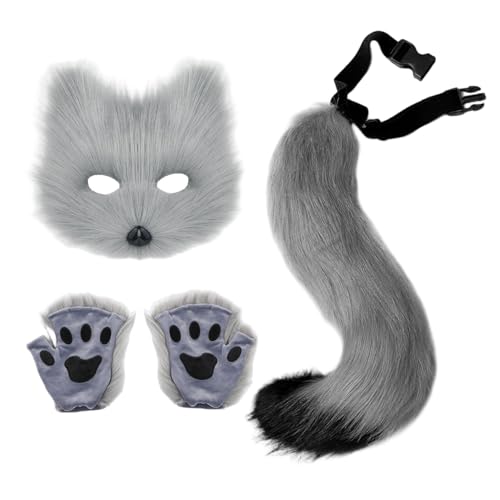 Houolsator 3PCS/SET Pelzig Kostüm, graue pelzige Fuchsmaske, einstellbare Therian -Schwanz und flauschige Pfotenhandschuhe für die Halloween -Party Houolsator 3PCS/SET Pelzig Kostüm, graue pelzige Fuchsmaske, einstellbare Therian -Schwanz und flauschige Pfotenhandschuhe für die Halloween -Party von Houolsator