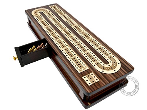 House of Cribbage - 3-läufiges, durchgehendes Cribbage-Board/Box in Palisander/Ahornholz eingelegt – Größe 30,5 cm – Schiebedeckel Schublade für bis zu 3 Spieler ab 16 Jahren von House of Cribbage