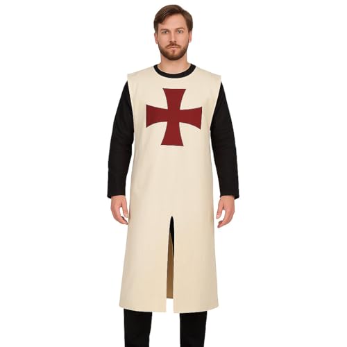 House of Warfare Herren Kreuzritter Tabard Kostüm Mittelalter Ritter Renaissance Krieger Tunika 100% Baumwolle für LARP Cosplay, Geschnittene Ärmel – Ecru, L von House of Warfare
